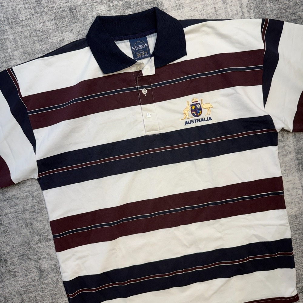 VTG Naturally Australian Polo Shirt Mens Medium‎ Striped Thick Cotton Retro 90s
